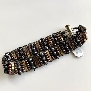 Metallic Hematite Bead Bracelet, Black Brown Gold Sterling Handmade NWT 7.5”